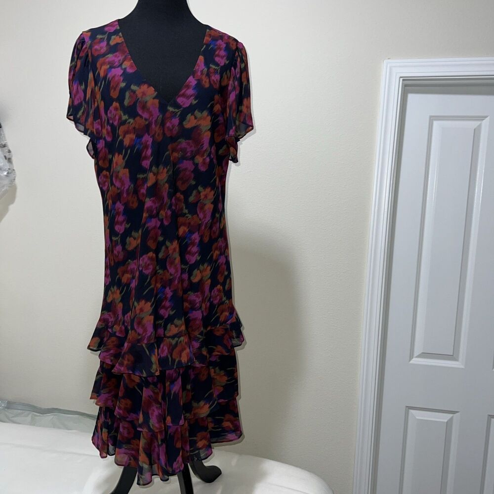 Lauren Ralph Lauren Dress Blue Floral Print Tiered Skirt Chiffon Dark Fairy L-XL